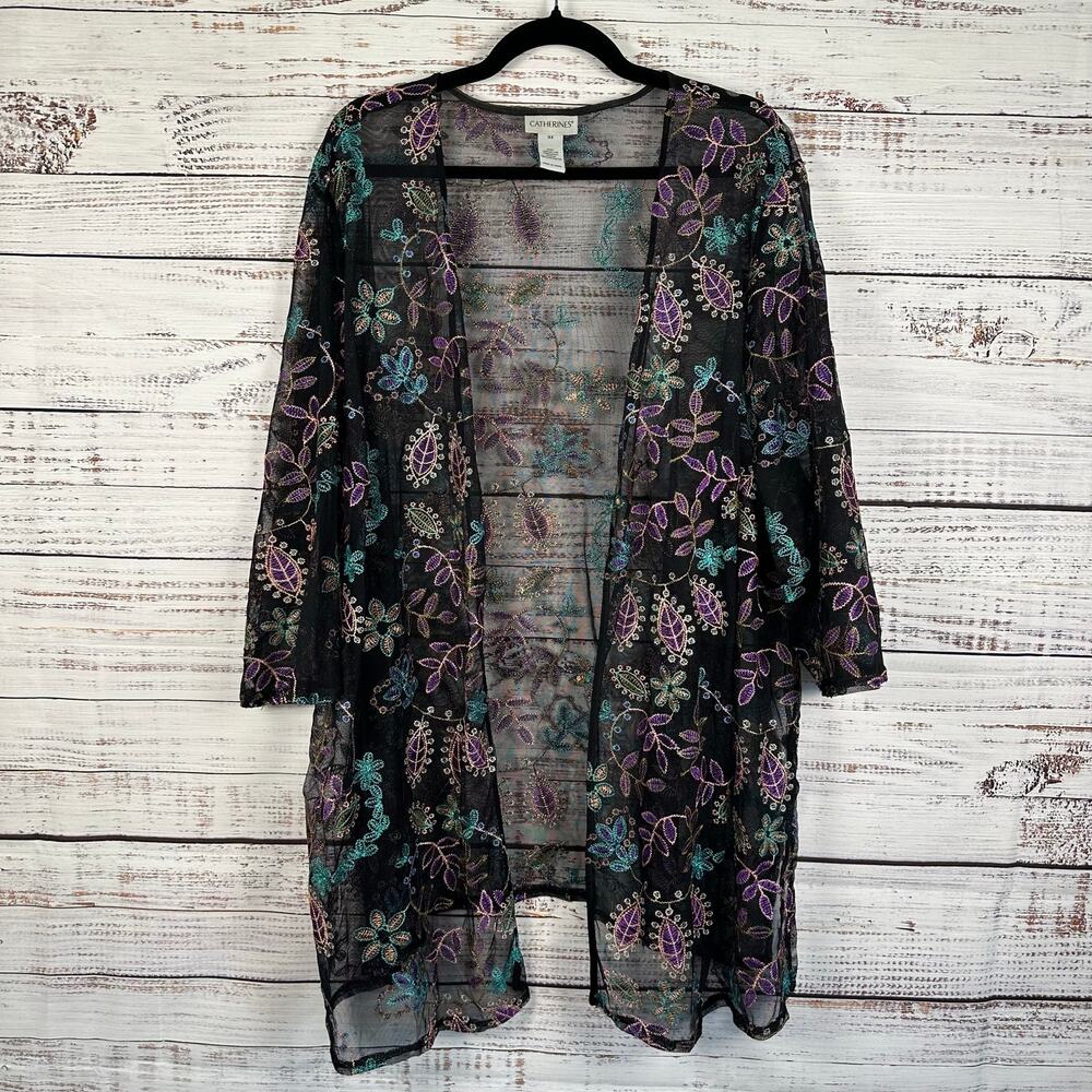 Catherines Black Mesh Open Kimono Floral Embroidered Boho 3/4 Sleeve Womens 3X